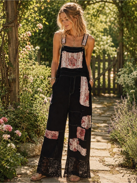 POL Pants - POL L Boho Patchwork Black Overalls with Lace Trim